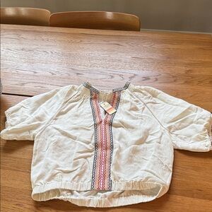 Marine Layer White Blouse with Colorful Zigzag Trim